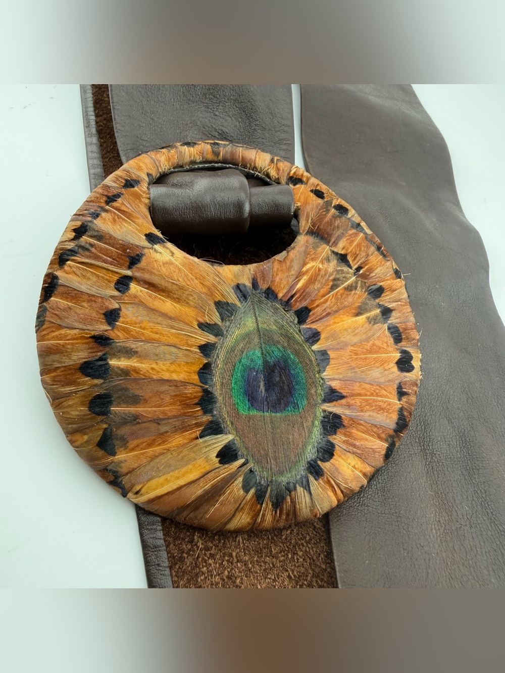 Bold Buckle Statement Belt Genuine Peacock 🦚 feather and leather. Size M